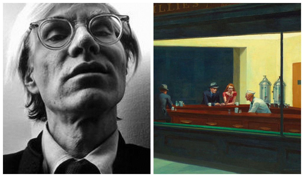 Retrato de Andy Warhol e tela Nighthawks (1942), que tem um grupo em um bar