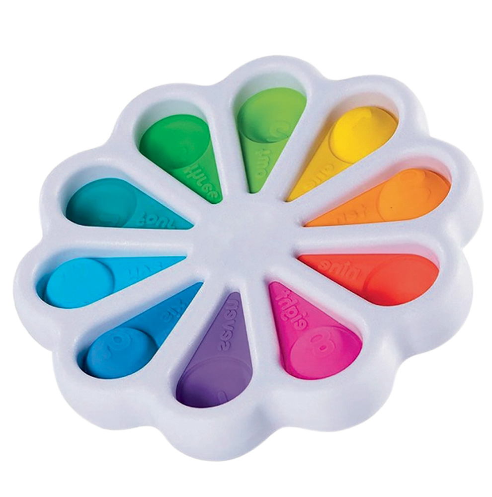 A fidget toys.jpg Um fidget spinner para girar branco. Tem 10 cores dividas igualmente e em cada uma delas há uma bolha de apertar