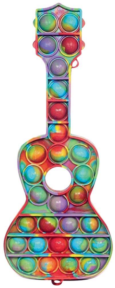 Um violão com bolhas de apertar fidget toy. É todo colorido