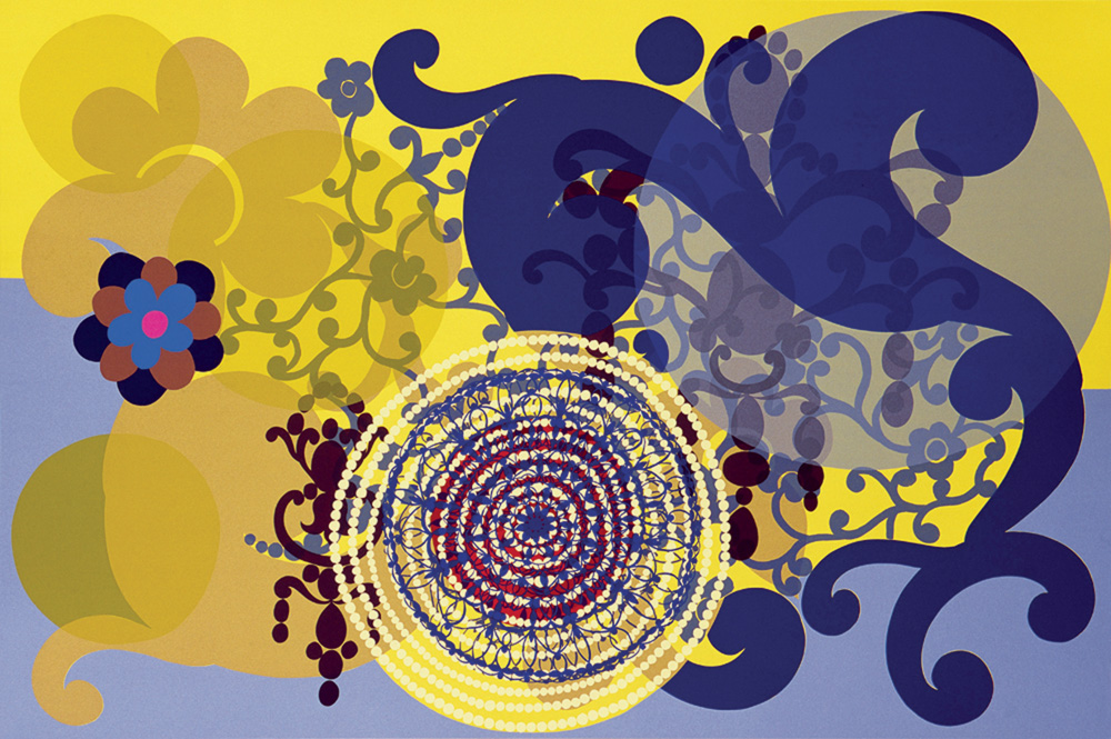 serigrafia "Cabeça de Mulher", de Beatriz Milhazes, abstrata com formas e cores roxa, amarela e azul
