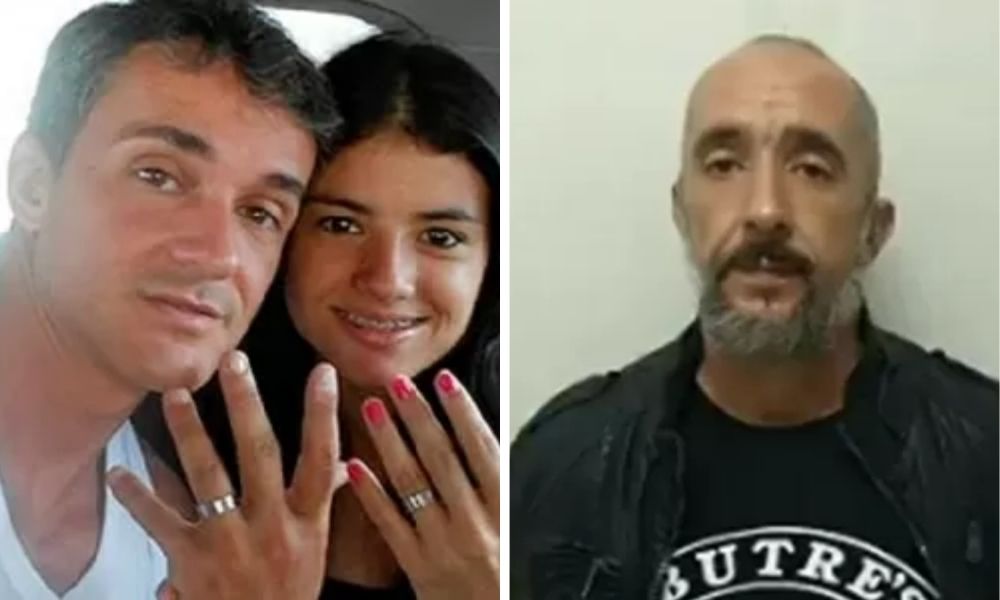 A imagem mostra, à esquerda, Daniel com a esposa, ambos mostrando o anel nos dedos para a câmera. À direita, Daniel Cravinhos, de frente para a cÂmera e com as mãos nas costas.