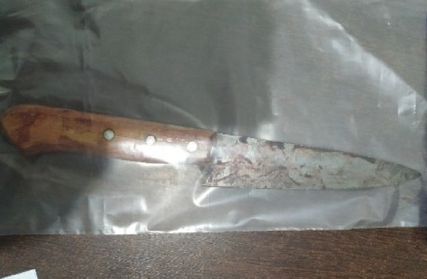 A imagem mostra um faca embalada em um saco plástico, ensanguentada.