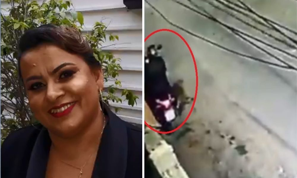 A imagem mostra o rosto de Janaína a esquerda e, à direita, uma moto estacionada na rua onde aconteceu o assalto e morte.
