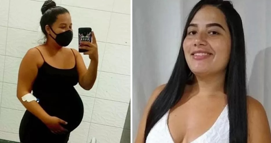 A imagem mostra duas fotos de Milena da Glória Cardoso. À esquerda, ela tirando foto em frente a um espelho grávida. À direita, seu rosto, sem máscara.