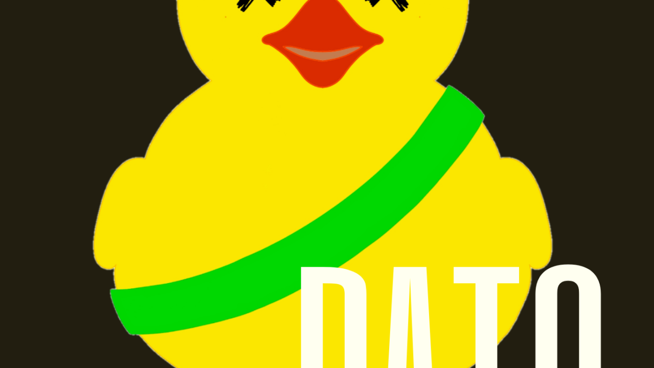 Capa do livro O Pato - Uma Distopia à Brasileira, por Gabriel Fabri, mostra um pato amarelo com dois X no lugar do olho e uma faixa verde em seu peito, com o fundo preto.