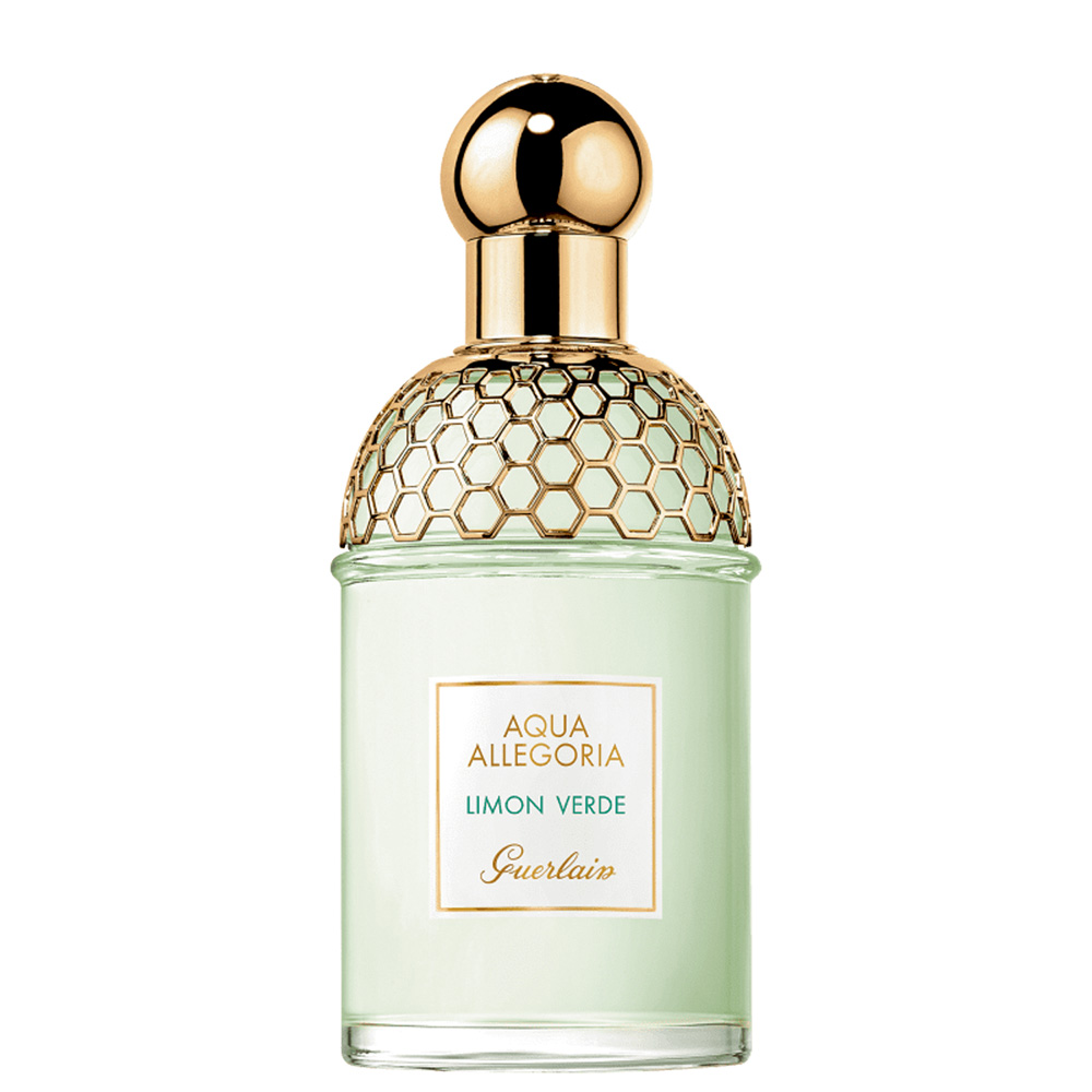 aqua op1 Frasco de perfume verde com detalhe dourado perto da tampa também dourada