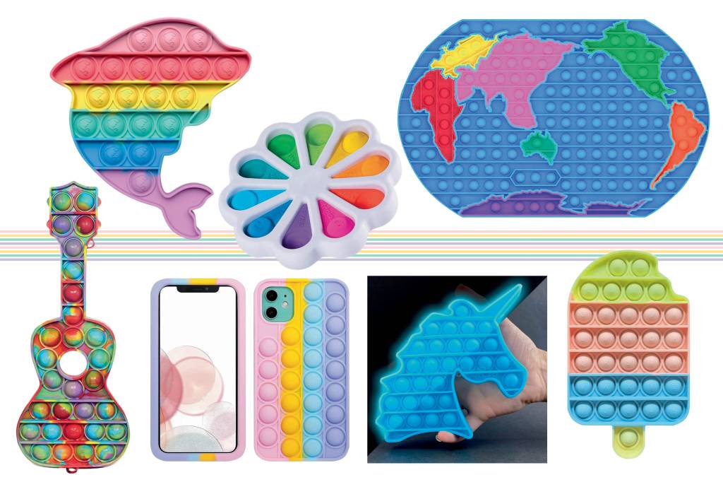 Uma montagem com sete brinquedos fidget toys: em formato de golfinho, mapa-múndi, violão, capa de celular, unicórnio, sorvete e spinner