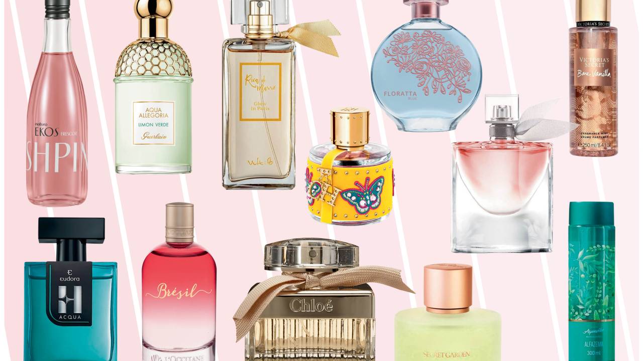 Montagem com vários frascos de perfumes de diferentes cores e tamanhos. Tem rosa, verde, verde-água, azul, bege, dourado