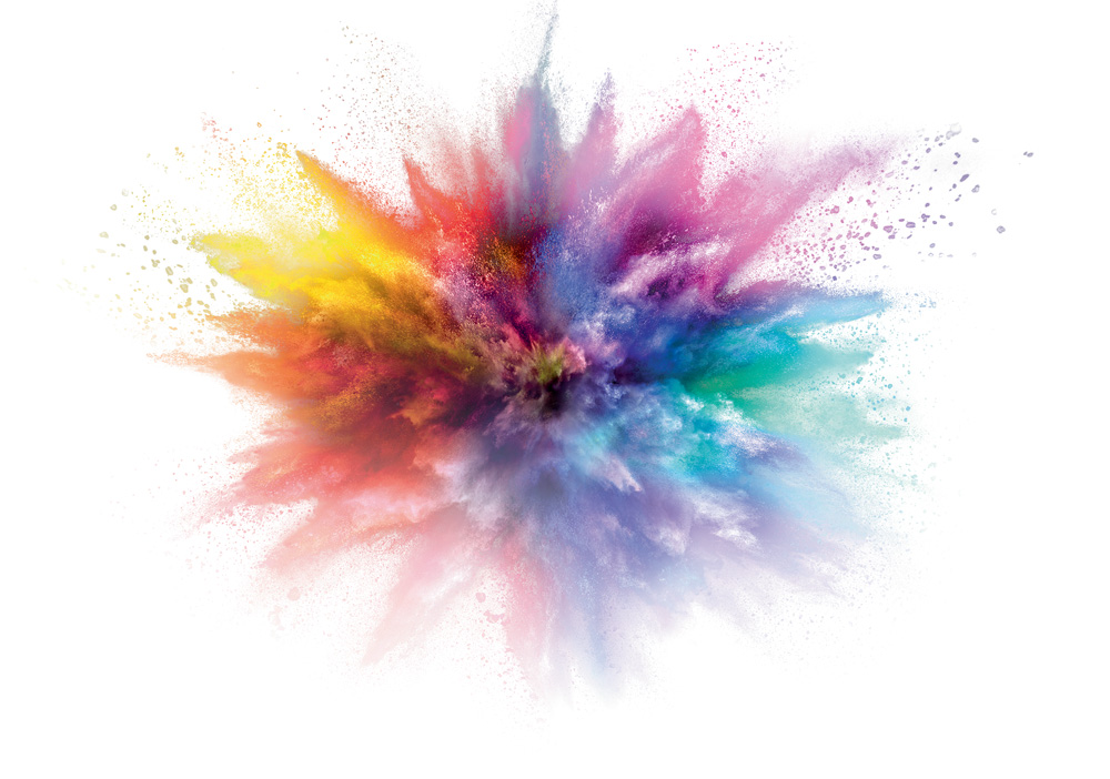 imagem congelada de explosão de pigmentos de diferentes cores com fundo branco