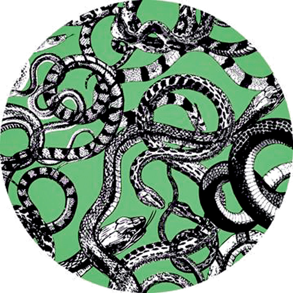 estampa de tapete verde com serpentes da cor preto e branco