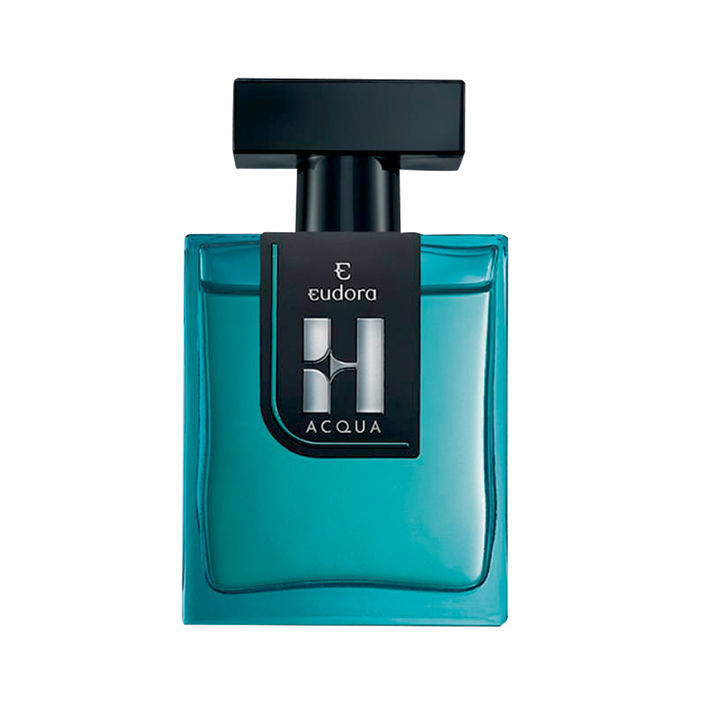 Frasco de perfume de vidro com líquido azul, detalhes em preto e tampa preta