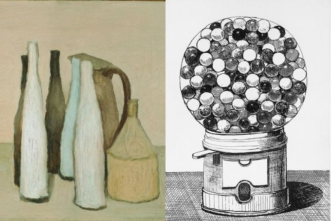 imagem dividida em duas pinturas de morandi, à esquerda, de garrafas sobre mesa com fundo bege e à direita de máquina de chicletes redondos