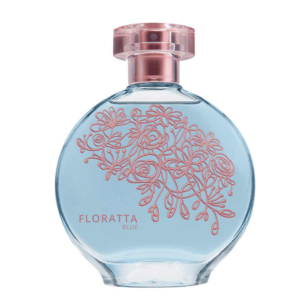 Frasco de perfume de vidro transparente com líquido azul, detalhes florais em rosa e tampa rosa
