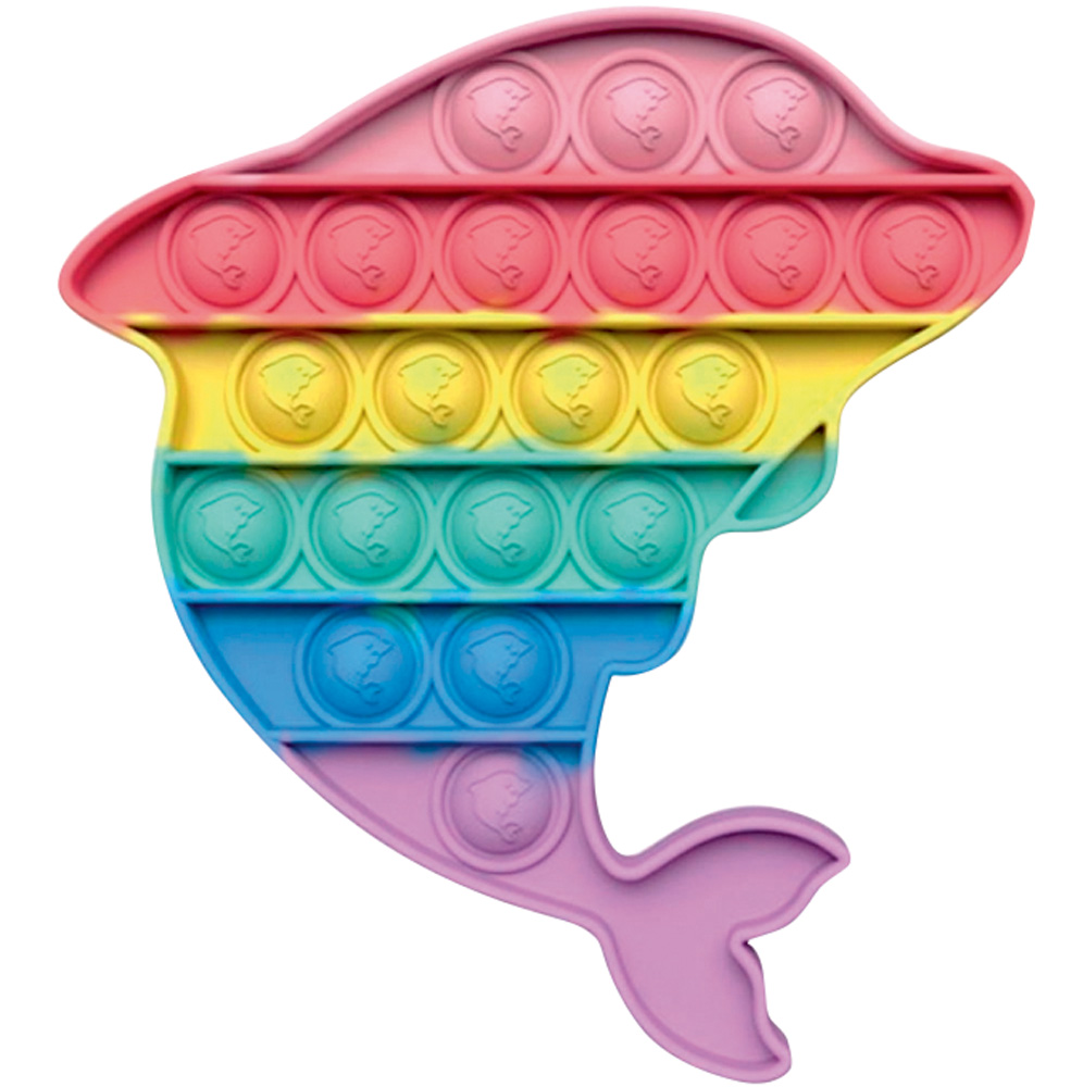 Golfinho fidget toy com bolhas de apertar colorida nas cores do arco-íris