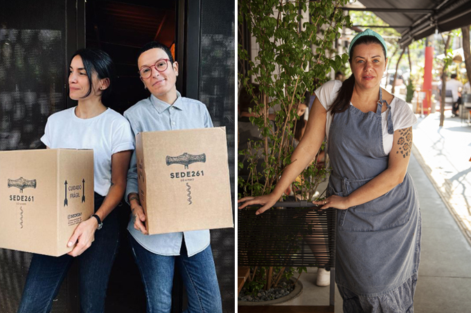 Duas imagens verticais unidas por linha branca fina. À esquerda, Cassia Campos e Daniela Bravin segurando caixas do Sede261. À direita, Janaina Rueda apoiada em cadeira na parte externa d'A Casa do Porco Bar.