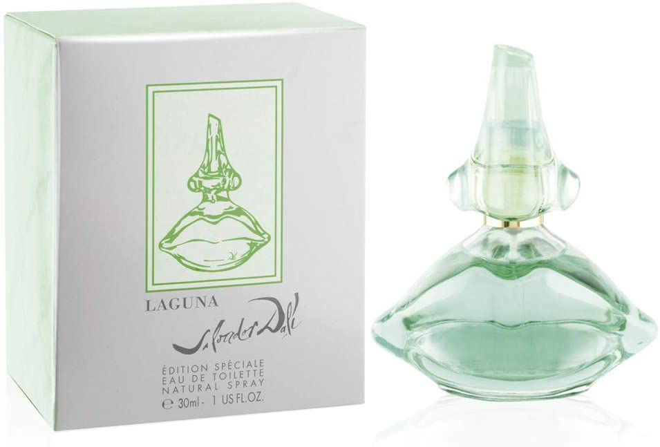 laguna perfume Frasco de perfume de vidro transparente verde e, ao lado, a caixa branca com detalhes em verde claro e o nome do item estampado