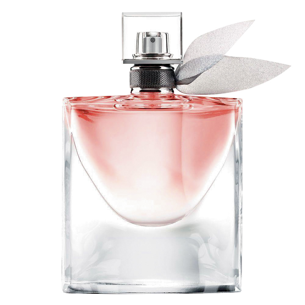 Frasco de perfume de vidro transparente com um detalhe rosa perto da tampa