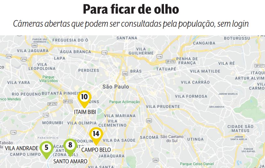 mapa de região de são paulo com indicação de localização dessas câmeras abertas. 10 estão no itaim bibi, 14 no campo belo, 8 em santo amaro e 5 na vila andrade