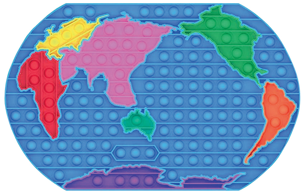 Um mapa-múndi com com bolhas de apertar coloridas, cada continente é uma cor
