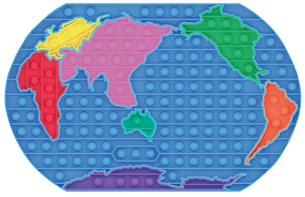 mapa mundi pop it.jpg Um mapa-múndi com com bolhas de apertar coloridas, cada continente é uma cor