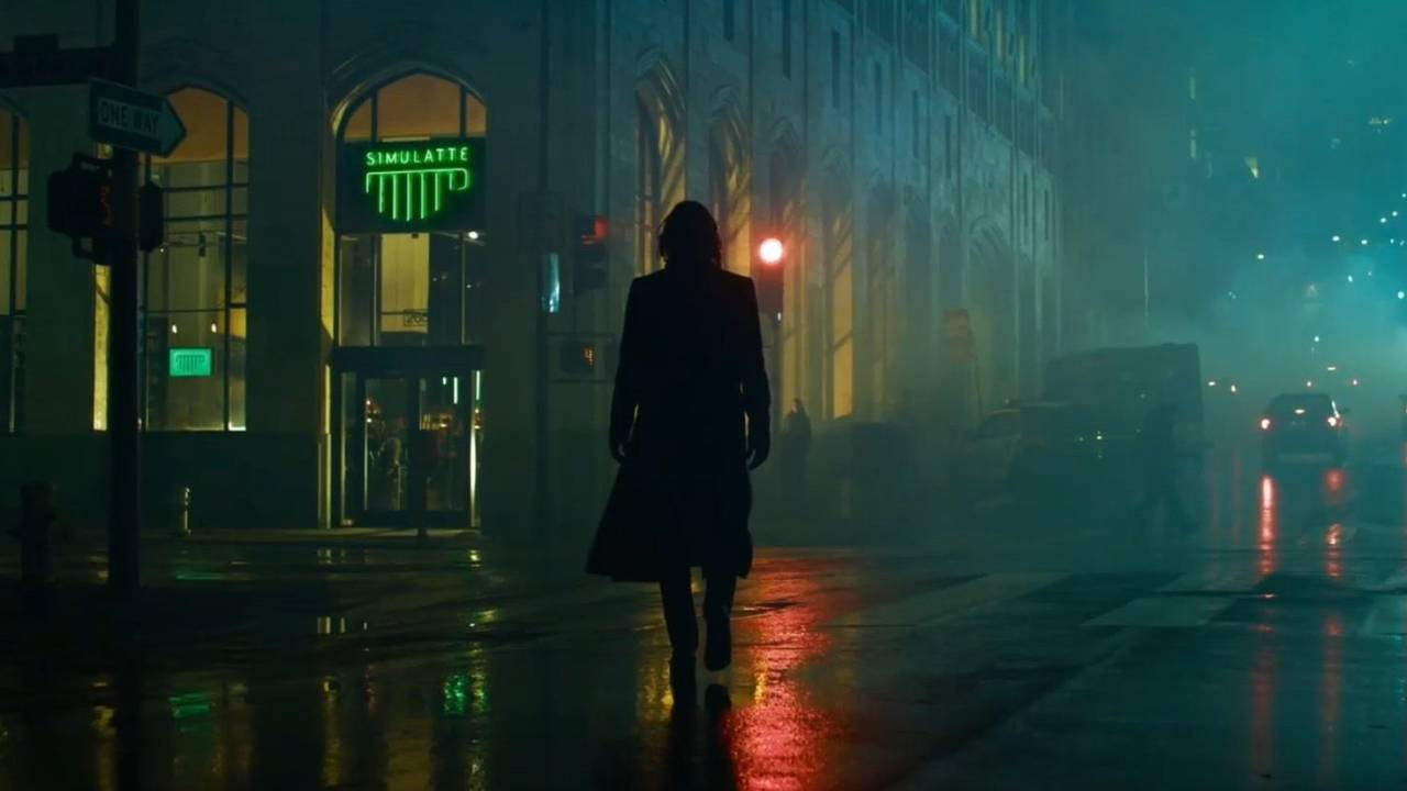 Na imagem, Keanu Reeves anda por uma cidade escura