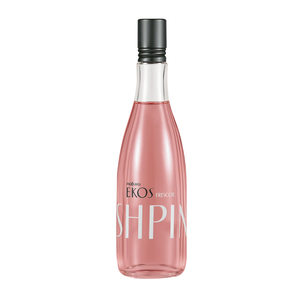 Frasco de perfume transparente com líquido rosa e o escrito 