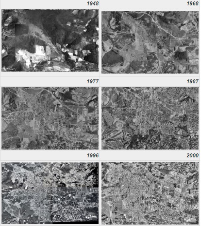 Imagem mostra fotos aéreas entre 1948 e 2000: antes, mato e área verde, depois, milhares de casas