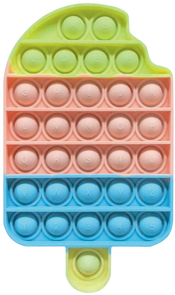 Sorvete fidget toy com bolhas de apertar colorida nas cores amarelo, rosa e azul