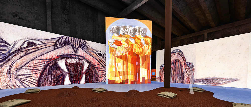 Em um espaço expositivo, há telas que expõem obras de Cândido Portinari. No centro, uma mostra vários homens religiosos utilizando a mesma roupa em fila. As obras ao lado tem formatos mais abstratos e são em tons de marrom e preto