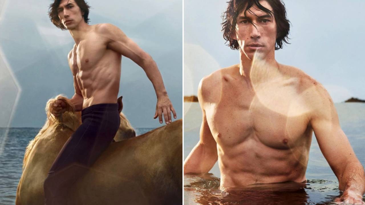 Adam Driver aparece sem camisa em cima de um cavalo no mar. Em uma segunda foto à direita, aparece olhando para a câmera sem camisa.