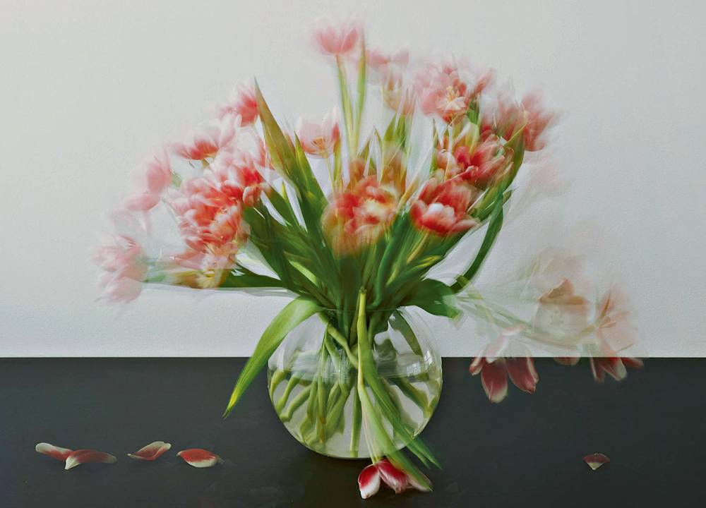 Obra retrata um vaso transparente redondo com flores. O cabo da flor é verde e as pétalas são rosa/laranja
