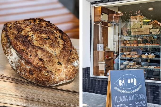 À esquerda, foto do pão de azeitona da padaria Bâtard. À direita, a fachada e a vitrine do mesmo estabelecimento.