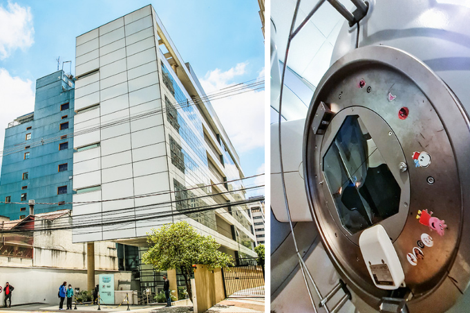 A imagem mostra duas fotos. À esquerda, a fachada do prédio do GRAACC. À direita, uma foto da máquina de radioterapia.
