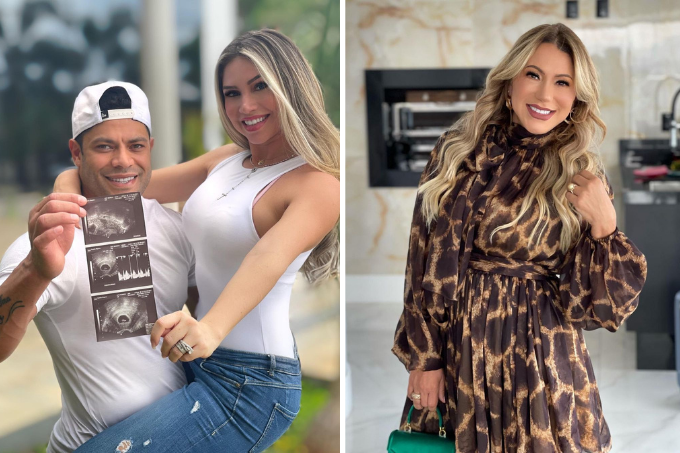A imagem mostra duas fotos. À esquerda, Hulk abraçado com Camila e segurando o ultrassom de sua filha. À direita, Iran Angelo posa com uma roupa de luxo e sorri para a câmera.