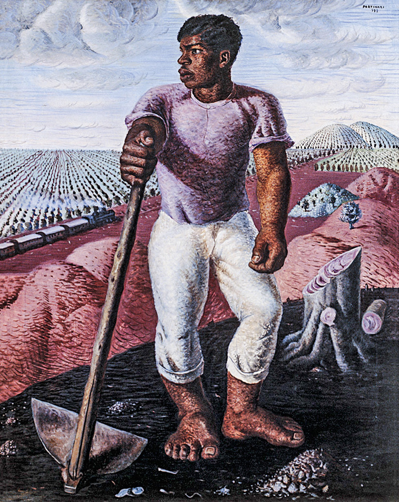 Uma obra em formato vertical mostra um trabalhador negro em uma lavoura segurando uma enxada. Ele está descalço e olhando para os lados