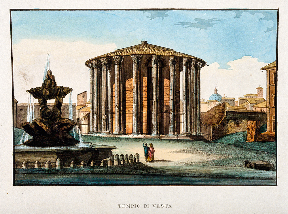 Reprodução colorida de um templo italiano com assinatura no rodapé da página.