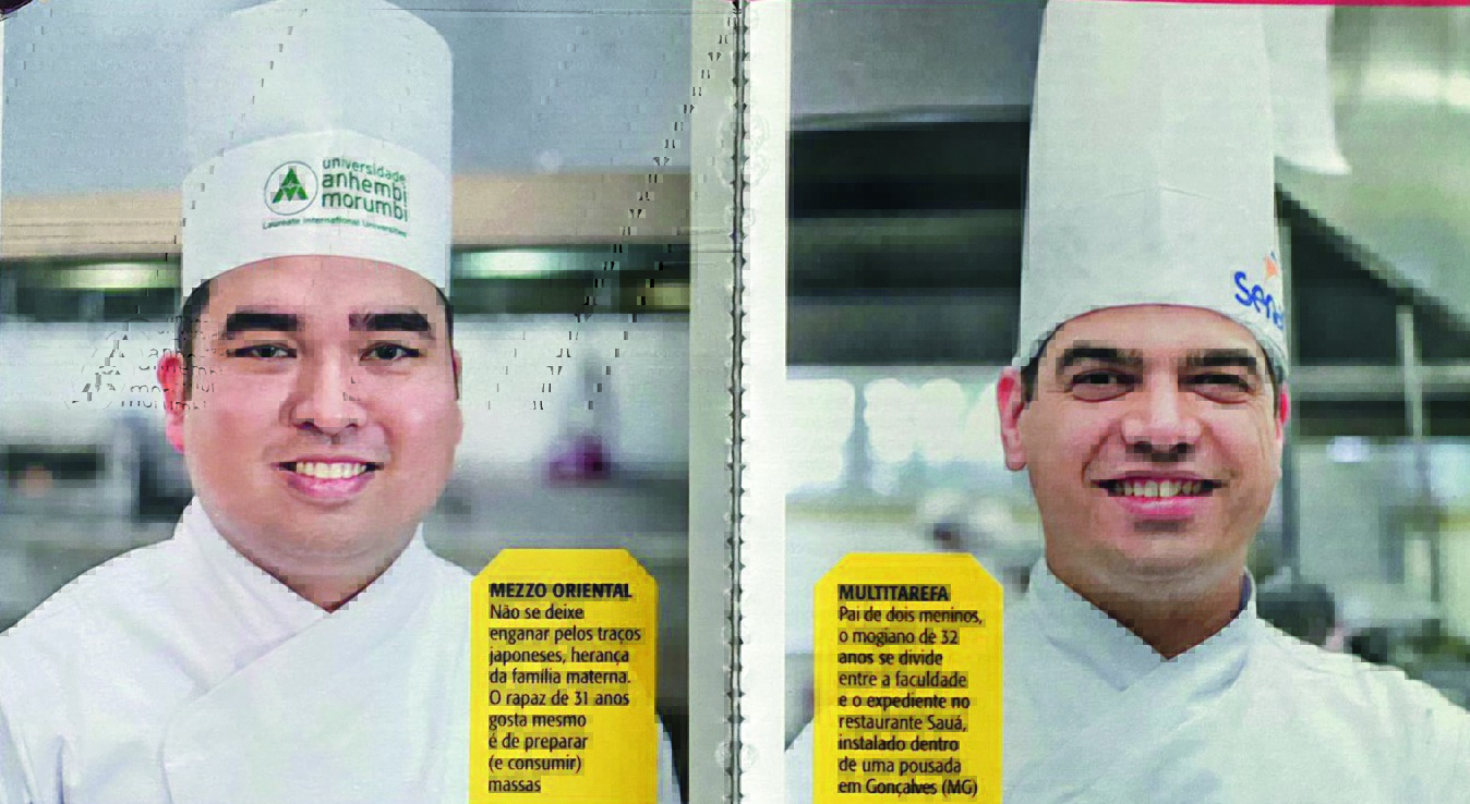 Foto da revista com dois homens com chapéu de chef lado a lado.