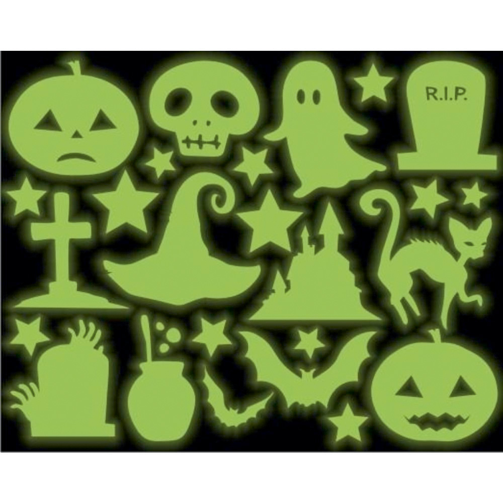 Cartela de adesivos que brilham no escuro em formato de personagens e símbolos de Halloween, como chapéu, fantasminhas, caveiras, abóboras..