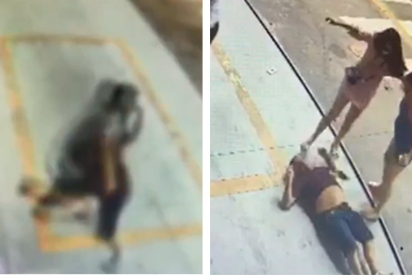 Imagem mostra dois frames de câmara de segurança de posto de gasolina: no primeiro, homem avança contra idoso e o derruba no chão; no segundo, idoso está caído no chão, desacordado