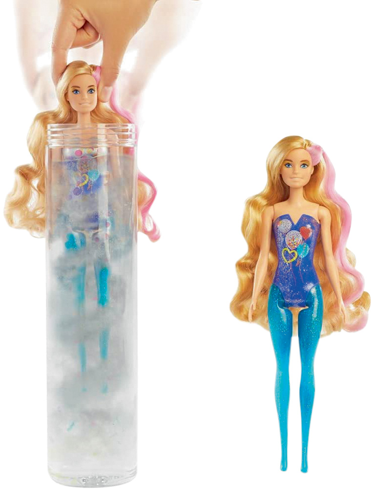 Uma Barbie com o corpo colorido em azul. Há outra Barbie dentro de um tipo de pote com líquido