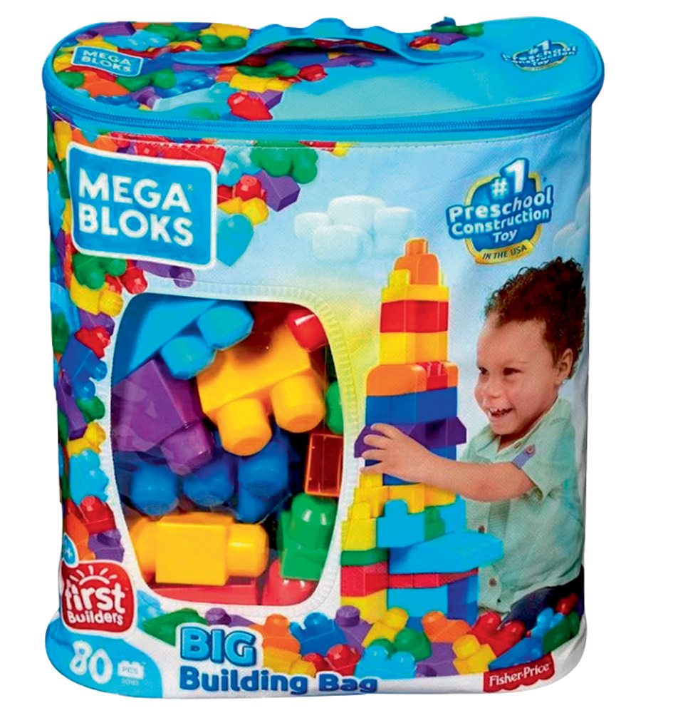 Um saco com blocos de encaixar coloridos dentro. Na embalagem, a ilustração de uma criança brincando