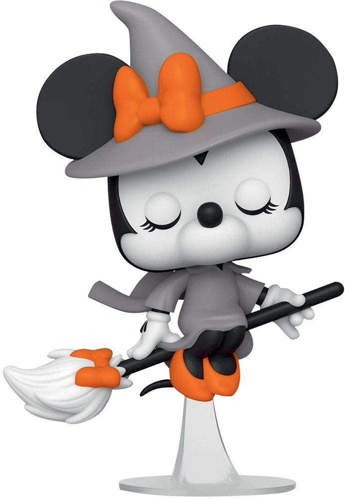 Um boneco Funko da Minnie Mouse mostra a personagem de bruxa em uma vassoura. Nas cores cinza, laranja, preto e branco