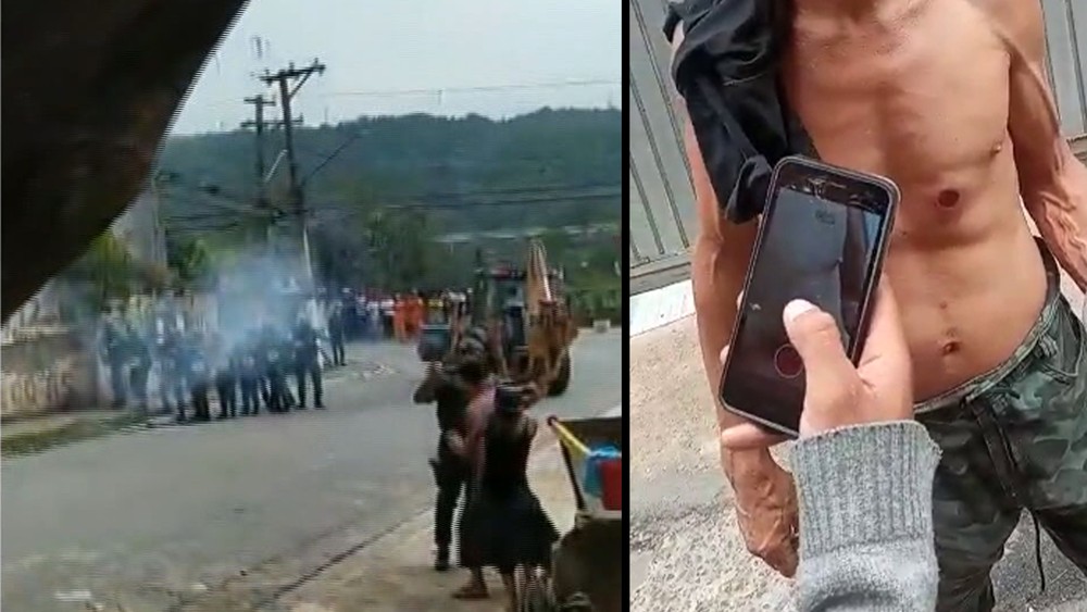 imagem dividida em duas: às esquerda, confronto entre manifestantes e a GCM, cada um de um lado da rua, e à direita celular tirando foto de busto de homem com buraco vermelho de bala