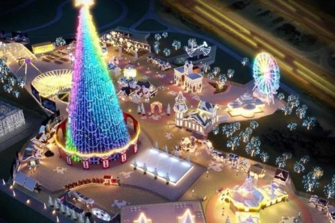 Croqui da vista aérea do evento Villa Natal, com arvore de natal, roda gigante, pista de patinar no gelo e outros atrativos