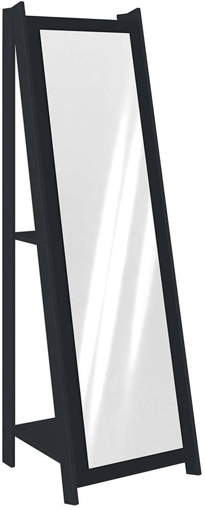 Um espelho retangular de chão preto com prateleiras na parte de trás