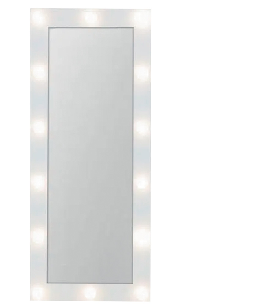 Um espelho retangular, bem comprido e branco, tem luzes de LED por toda a extensão de sua moldura