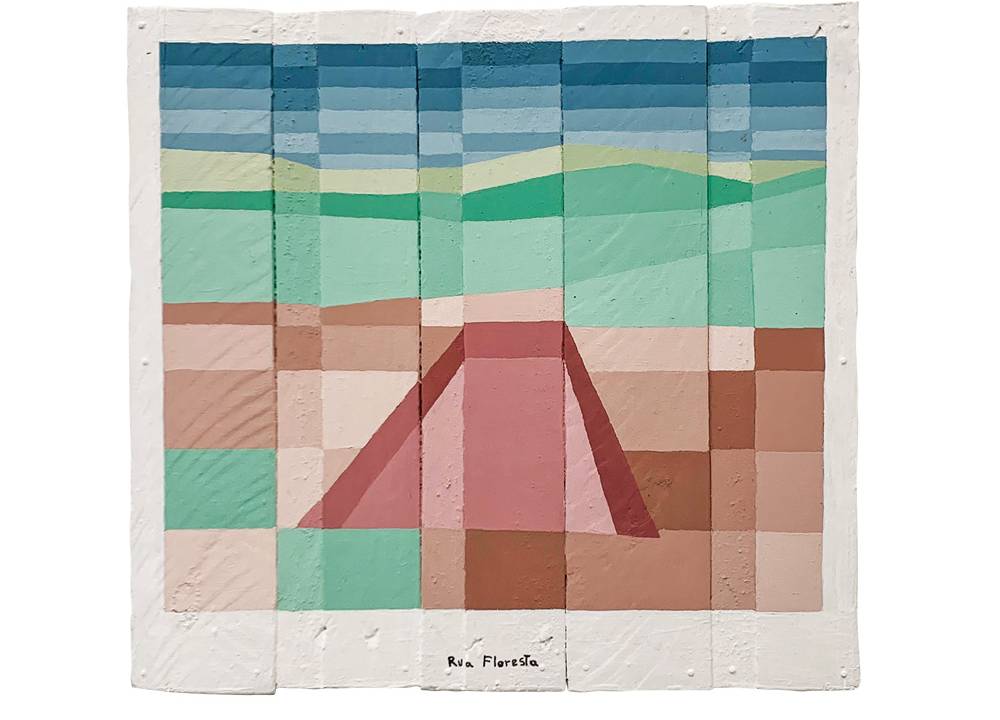 pintura Rua Floresta (2021), do mineiro Desali. a pintura é seccionada em quadriláteros e mostra uma paisagem de contagem, com tons verdes e azuis para o céu e marrons para a terra