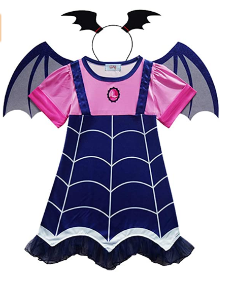 Fantasia azul e rosa em formato de vestido com asinhas de morcego e tiara também de morcego