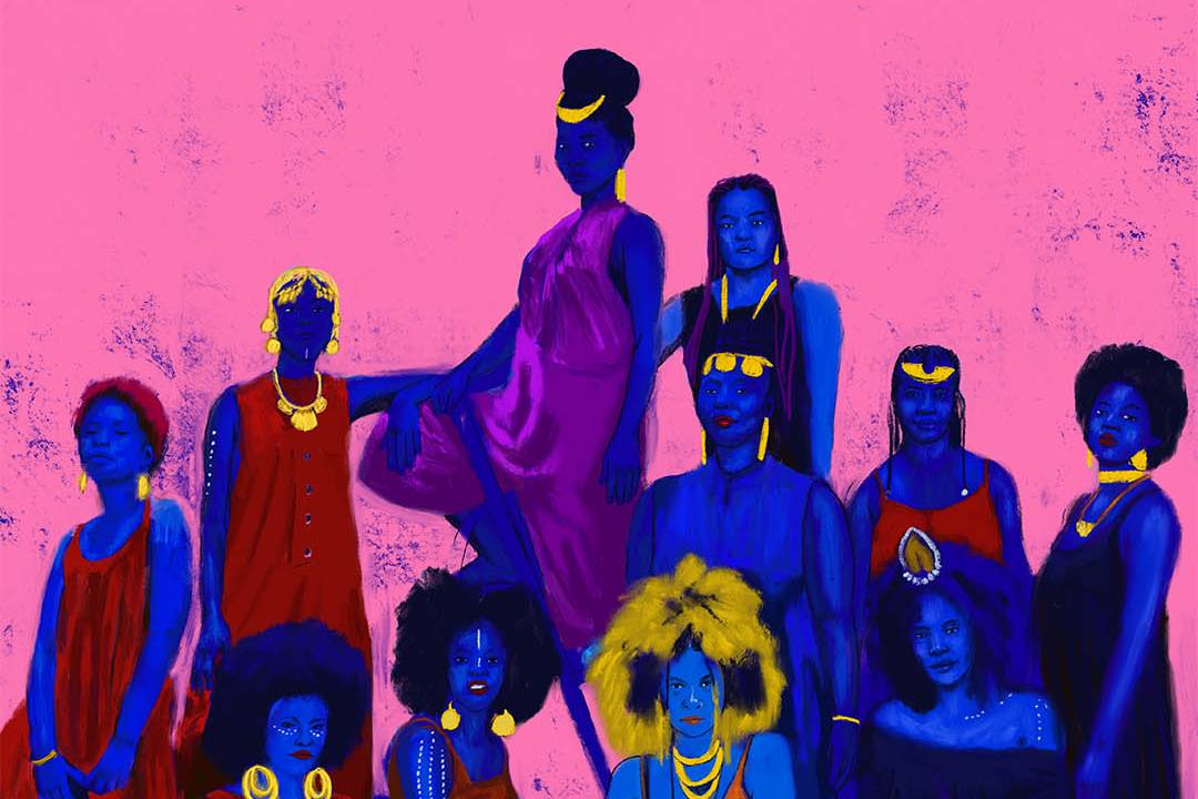 Pintura das integrantes do grupo Funmilayo Afrobeat Orquestra, há algumas sentadas, outras em pé, o fundo é rosa e a pele delas é azul