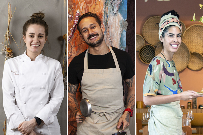 Chefs Revelação 2021 Três fotos verticais unidas por linhas finas brancas. À esquerda a chef Giovanna Grossi, à direita Bela Gil e ao centro o chef Giovanni Renê.